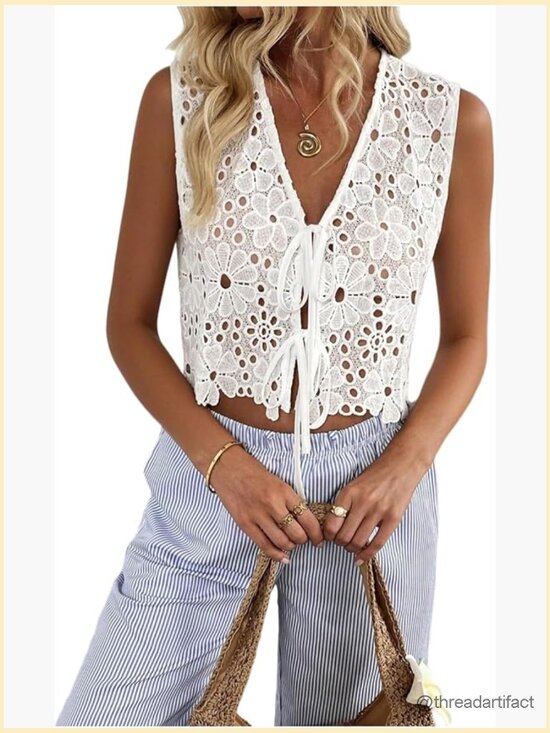 Tops - Tie Front Lace Eyelet Embroidered Boho Crop Tank Top Summer Beach Vacation